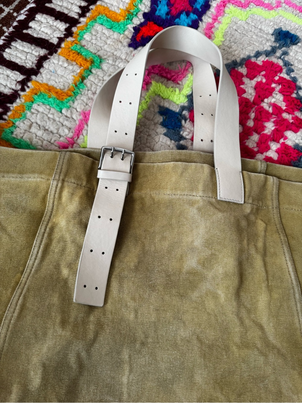 Zara Olive Canvas Tote Bag‎ Cream Buckle Strap - Picture 3 of 9